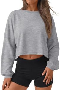 Trendy Queen Womens Cropped Sweatshirts Crewneck Long Sleeve Tops Grey L
