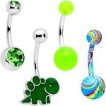 Body Candy 4Pc Green UV Glow Color Swirl Dinosaur Bonus Pack Steel Belly Button Rings 14G Navel Piercing