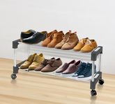 JD FRESH 2 Layer Multipurpose Stainless Steel Shoe Rack with Wheel/Foldable Steel Rack/Movable Smart Shoe Rack for Home/Foldable Chappal Stand/Multiuse Portable Shelve Storage Rack (Silver & Black)