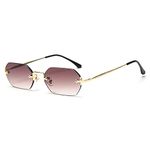 kachawoo Men Rectangle Sunglasses Rimless Octagonal Small Glasses Women Metal Blue Brown, Gold With Brown, Small