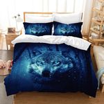 Hoimlm Wolf Duvet Cover Microfiber Bedding Set,3D Print Wolf Size Duvet Quilt Cover&Pillowcase With Zipper Closure,Winter Soft Duvet Cover for Men Woman Kids (Snow Wolf - Blue, Single)