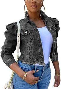 Omoone Women's Ripped Puff Sleeve Denim Crop Top Long-Sleeve Cropped Jean Jacket(1676-Grey-3XL)
