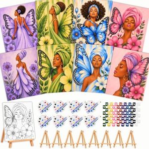 Paint and Sip Kit for Adults, 8 Person, Butterfly Lady Pre Drawn Canvas Painting Kit, 8 Person DIY Acrylic Painting Party Set with 8 Canvases, Paints, Brushes, Palettes, Easels, 8x10 Inch Canvas Board