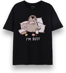 Pusheen Mens T-Shirt | Adults I'm Busy Short Sleeve Graphic Tee in Black | Cat Kitten Snacks Drinks Gaming Relaxed Novelty Short-Sleeve Funny Apparel | Internet Cartoon Merchandise Gift