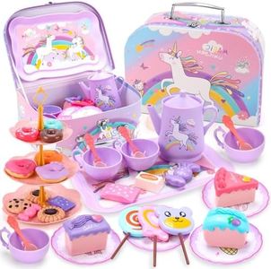 REMOKING 45PCS Unicorn Toys Tea Party Set for Girls,Birthday Gifts for Toddler Age 3+, Pretend Teapot,Dessert Playset, Carrying Case for Role Play,Princess Toy for 2-6 Year Old Kids