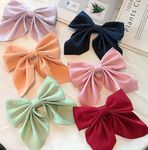 Rock World Satin Hair Bows Ties for Girls Women Silk-Stylish French Bow Hair Clip Bowknot Hair Barrettes Big Ribbon Bow with Long Tail Pack Of 6 (Multicolor)