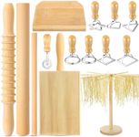 Suclain 14 Pcs Pasta Making Tool Set Includes Wooden Pasta Cutter Dough Scraper Rolling Pin Pasta Drying Rack Gnocchi Board Wood with Roller 8 Ravioli Stamp Maker Cutter for Kitchen Noodle (Classic)