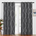 PONY DANCE Blackout Foil Curtains for Living Room - 84 inch Drop Thermal Caurtains With Eyelet, Door Curtains Silver Wave Line Foil Printed Window Drapes, Grey, 52 Inches Wide, 2 Panels