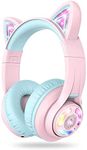 iClever Kids Headphones Wireless Cat Ear, LED Lights Up, 74/85/94dB Volume Limited, 50H Playtime,Bluetooth 5.2, USB C, Kids Headphones Wireless Over Ear for Travel iPad Tablet, Meow Macaron-Pink