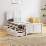 Oikiture Single Bed Frame with 2 Drawers Pine Wood Bed Frame Platform Bed with Headboards and Footboards, White