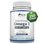 Omega 3 2200mg & Vitamin D3 2000IU - 250 Softgel Capsules - 720mg EPA & 480mg DHA per Serving - Sustainably Sourced - High Strength 1100mg Fish Oil per Capsule - Nu U Nutrition