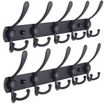 Dseap Coat Rack Wall Mounted - 5 Tri Hooks, Heavy Duty, Stainless Steel, Metal Coat Hook Rail for Coat Hat Towel Purse Robes Mudroom Bathroom Entryway (Black, Pack of 2)