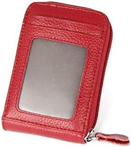 JIUFENG RFID Blocking Card Wallet Genuine Leather Credit Card Cases Cowhide Zipper Coin Purses for Women Men (Wine Red)