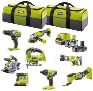 RYOBI 18 V ONE+ Combo-Kit, 8 Werkzeuge, Deltaschleifer, Bohrschrauber, Säbelsäge, Multitool, Stichsäge, Winkelschleifer, Handkreissäge, Schlagschrauber, Taschen, mit Akku und Schnellladegerät