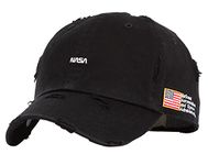 Flipper Mini NASA American Flag Side Patch Unconstructed Vintage Bullet Ripped Holes Washed Cotton Distressed Baseball Cap Dad Hat (Black, Large~X-Large (23 1/8"~ 23 7/8", 59cm~61cm))