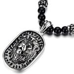 COOLSTEELANDBEYOND Gothic Style Mens Black Onyx Beads Necklace with Stainless Steel Lion Head Shield Pendant(CA)