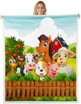 Kids Cartoon Fleece Throw Blanket Toddler Cute Farm Animals Sherpa Blanket Cattle Sheep Pigs Dogs Horses Plush Blanket for Boys Girls Farmhouse Soft Fuzzy Blanket for Sofa Bed Couch, Queen 90x90 Inch