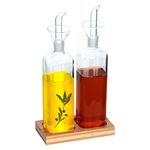 Glass Olive Oil Dispenser with Bamboo Vanity Tray Set, No Funnel Needed Oil Bottle with Pourers, Clear Cooking Oil Vinegar Dispenser Bottle Olive Oil Carafe Decanter for Kitchen(500ml/17oz, 2 Pack)