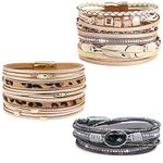 Wovanoo Leather Wrap Bracelet Set 3Pack Wrist Cuff Bracelet for Women Girls Multilayer Magnetic Clasp Bracelet Leopard Bead Bracelet Crystal Black