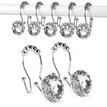 Shower Curtain Hooks, Goowin Crystal Shower Curtain Rings, Stainless Steel Rust Proof Double Shower Hooks for Curtains, Shower Curtain & Liner Decor (Crystal White).