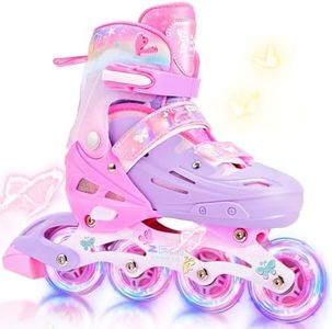 2PM SPORTS Kids Inline Skates for Girls Age 4-8 5-8 6-12 8-12 with Light Up Wheels, Adjustable Inline Skates for Women Youth Female Outdoor Indoor Size 11C 1 2 3 4 5 6 7 8 Pink Butterfly