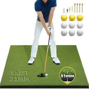 Large Golf Mat: 5x5ft 31MM Thick Heavy-Duty Golf Hitting Mats Practice Outdoor/Indoor, Elite Artificial Turf Mat with 9 Balls, 8 Tees for Driving, Swing in Backyard/Garage/Basement/Simulators