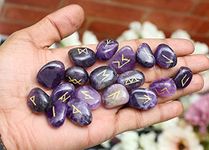 Crocon Amethyst Tumble Shape Gemstone Runes Stones with Elder Futhark Alphabet Engraved 25 pcs Rune Set Crystal Divination Metaphysical Healing Chakra Reiki Runes Set with a Pouch Size : 18-25 mm