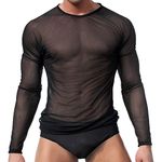 sandbank Men's Sexy Underwear T-Shirt Long Sleeve Mesh Sheer Top Undershirt Nightwear (M, Black)