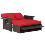 COSTWAY Patio Rattan Daybed with Cushions, Outdoor Wicker Loveseat Sofa with Storage Ottoman, 4-Level Adjustable Backrest, Bed Lounger for Yard, Balcony, Porch, Garden, Pool, Red