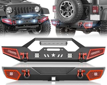 YZONA for Wrangler JK JKU Front and Rear Bumpers Compatible with 2007-2018 Jeep Wrangler JK JKU Unlimited 2/4 Doors with Winch Plate, 7 x LED Lights, 2" Hitch Receiver, Paintable Armor & D-rings