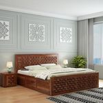 EBANSAL Solid Sheesham Wood Queen Bed with Storage Box Niwar Design for Bedroom - Honey Finish