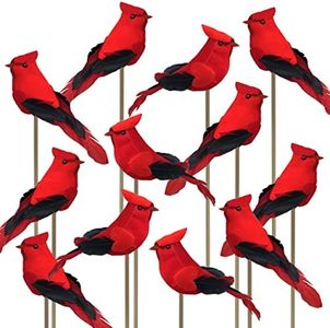 Red Cardinal Birds on a Wooden Stick - Cardinal Floral Picks - Set of 12 Birds Attached to Stems - Red Birds Centerpieces - Christmas DIY - Ornament Holiday Décor