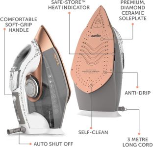 Breville DiamondXpress Steam Iron – 3100W, Diamond Ceramic Soleplate, 400ml Tank, White/Rose Gold