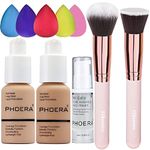 Foundation Made for PHOERA 104 and 105 & Face Primer,Liquid Full Coverage Foundation Set,Foundation Brush Powder Brush,5 Makeup Sponge, 24HR Matte Oil Control Concealer(104 Buff Beige+ 105 Sand)