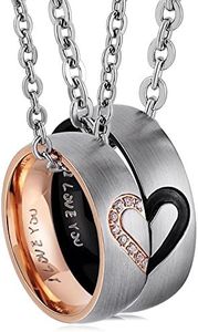 ANAZOZ Jewellery Stainless Steel Pair Necklace with Ring Pendant, Puzzle Heart with Engraving I Love You, 5A Cubic Zirconia, Width 6 mm, Rose Gold Black for His and Her - Rolo Chain Cord Chain, Crystal, Cubic Zirconia