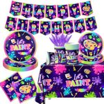 Art Painting Party Supplies,142pcs Paint Splatter Party Tableware Neon Glow Decorations Set Art Party Dessert Plates Paint Splatter Napkins Let’s Paint Tablecloth for Kids Sip and Paint Party Supplies