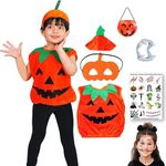 Sarvda Pumpkin Dress for Kids | For Boys and Girls | Halloween Cute Funny Pumpkin Costume | Pumpkin Candy Basket | Mask | Cap | Teeth | Fun Tattoo | For 5 to 6 Year Kids