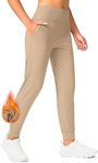 Soothfeel Women's Fleece Lined Joggers Pants High Waisted Water Resistant Thermal Sweatpants Winter Hiking Pants with Pockets (Light_Khaki,XXL)