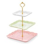 MALACASA, Series Sweet.Time, 14.5" Tall 3 Tier Cake Stand (6" & 8.25" & 10") Square Ceramic Dessert Cake Tower Stand, Porcelain Party Food Server Display Holder with Golden Carry Handle, Colorful