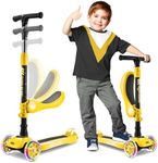 Serenelife 3 Wheeled Scooter for Kids - 2-in-1 Sit/Stand Child Toddlers Toy Kick Scooters w/ Flip-Out Seat, Adjustable Height, Wide Deck, Flashing Wheel Lights, Great for Outdoor Fun - SLKS59 (Yellow)