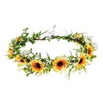 DDazzling Green Leaf Floral Crown Eucalyptus Flower Women Girls Headband Flower Headpiece Bridal Halo Photo Prop (Sunflower Yellow)