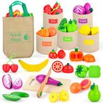 LilKisThk Wooden Play Food Set, Color Sorting Toys Pretend Food for Play Kitchen Accessories Cutting Fruits and Veggies, Grocery Store Pretend Play for Toddlers Boys Girls, Stocking Stuffers for Kids