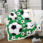 Boys Football Printed Sherpa Throw Blanket Sports Theme Fleece Blanket Black White Soccer Ball Pattern Warm Plush Blanket for Sofa Couch Microfiber Green Competitive Games Fuzzy Blanket Single 50"x60"