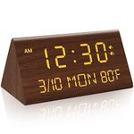 Kogonee Wooden Digital Alarm Clock, 0-100% Dimmer, 2 Alarm Settings, Weekday/Everyday Mode, 9 Mins Snooze, 12/24H, Temperature and Date Display for Office, Travel, Bedroom Alarm Clock (Brown)