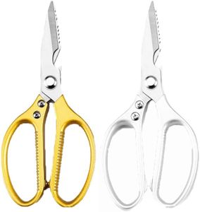 2X Japanese Heavy Duty Stainless Steel Kitchen Scissors Shears Fish Chicken Bone, Golden Silver, Aluminum Alloy Handle, 8.46x3.74 Inch