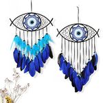 Dremisland Dream Catcher Evil Eye Dream Catchers-Handmade Feather Evil Eye Wall Hanging Ornament Home Decoration for Bedroom Livingroom Yard, Blessing Craft Gift Protect Good Luck (Blue&Black-2PCS)