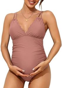 Charmo Maternity Swimsuits One Piece Scallop Trim Swimwear Tie Back Pregnancy Swimsuits Ruched Bathing Suits Pink