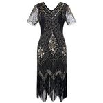 JaosWish Gatsby 1920s Flapper Dress Women Vintage Sequin Fringe Beaded Art Deco Fancy Dress with Sleeve for Party Prom, Black Gold, XXL