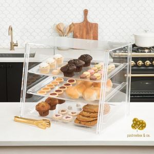 PASTREEBOX & CO.™ Acrylic Pastry Display Case Countertop with Serving Tong | Commercial Donut Bakery Display Case with Removable Lid and Tray | Dessert Display Case - 21" x 16" x 17" (3 Tier)