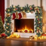 6FT/1.8M Christmas Garland, Pre Lit Christmas Garland with Bows for Fireplace Decorated Christmas Garland Illuminated with 50 LED Lights for Stairs Tables Xmas Tree Front Doors Decor